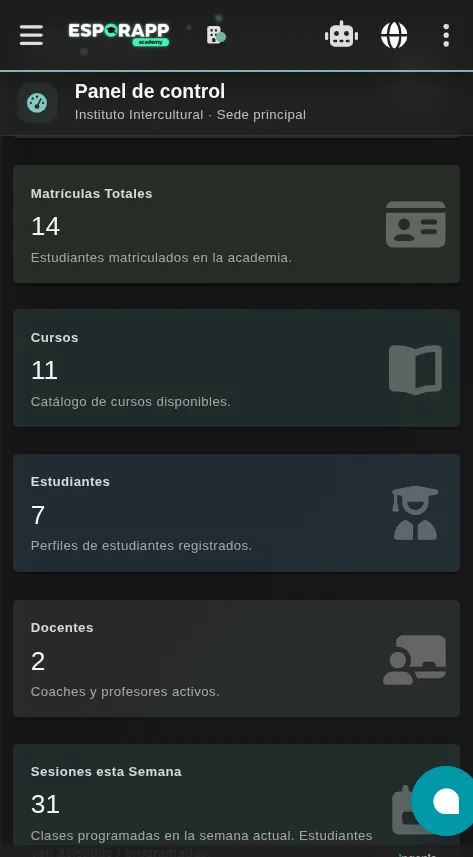 Indicadores de Esporapp Academy vistos desde un celular