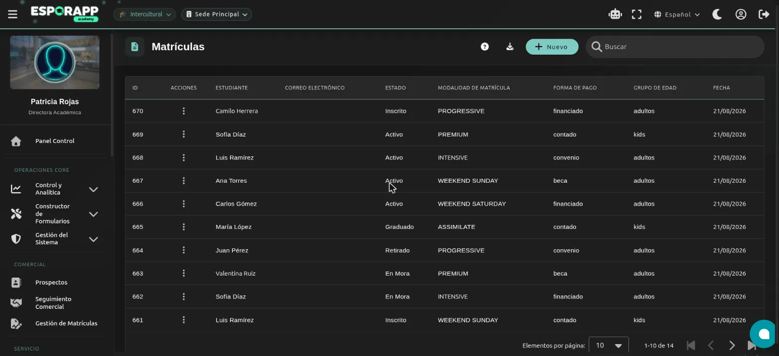 Listado de matrículas con filtros, búsqueda, exportación y paginación
